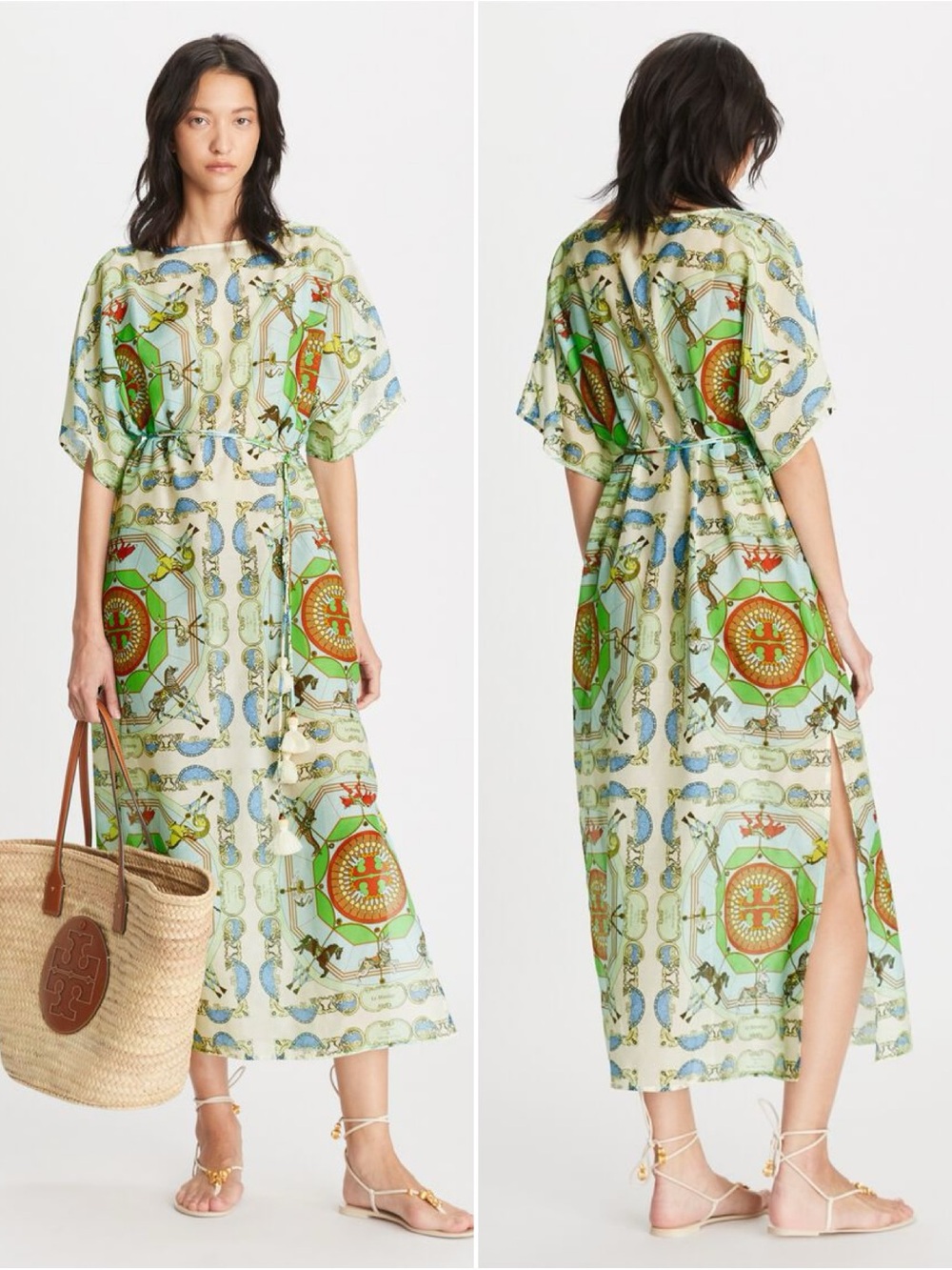 Tory Burch Graphic Print Kaftan Dress Cotton Silk Blend Drawstring Waist Size S